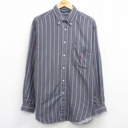 XL★古着 ノーティカ 長袖 ブランド シャツ メンズ 90年代 90s ワンポイントロゴ ロング丈 コットン ボタンダウン USA製 紺他 ストライプ 25dec20