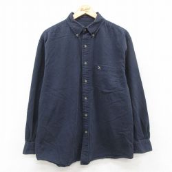 XL★古着 エディーバウアー 長袖 ブランド シャツ メンズ 00年代 00s ワンポイントロゴ コットン ボタンダウン 紺 26feb14