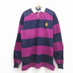 L★古着 ラルフローレン 長袖 ブランド ラガー シャツ メンズ 90年代 90s ワンポイントロゴ ロング丈 コットン USA製 紫 ボーダー【spe】 26feb16