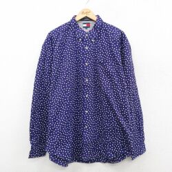 XL★古着 トミーヒルフィガー 長袖 ブランド シャツ メンズ 90年代 90s ワンポイントロゴ 大きいサイズ ボタンダウン 紺他 ドット【spe】 26feb19