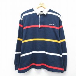【20%OFF】アディダス 90s 長袖ラガーシャツ ワンポイントロゴ ネイビーストライプ L | 古着