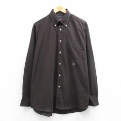 XL★古着 トミーヒルフィガー 長袖 ブランド シャツ メンズ 90年代 90s ワンポイントロゴ 大きいサイズ コットン ボタンダウン 濃ベージュ 26mar09