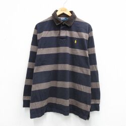 XL★古着 ラルフローレン 長袖 ブランド ラガー シャツ メンズ 90年代 90s ワンポイントロゴ 大きいサイズ コットン 濃紺他 ストライプ【spe】 26mar09