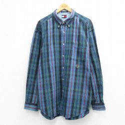 XL★古着 トミーヒルフィガー 長袖 ブランド シャツ メンズ 90年代 90s ワンポイントロゴ 大きいサイズ ロング丈 コットン ボタンダウン 紺他 チェック 26mar11