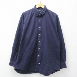 XL★古着 ラルフローレン 長袖 ブランド シャツ メンズ 90年代 90s ワンポイントロゴ 大きいサイズ ロング丈 コットン ボタンダウン 紺 26mar13