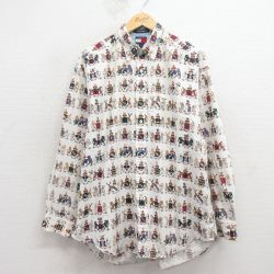 XL★古着 トミーヒルフィガー 長袖 ブランド シャツ メンズ 90年代 90s 総柄 コットン ボタンダウン 白【spe】 26apr02