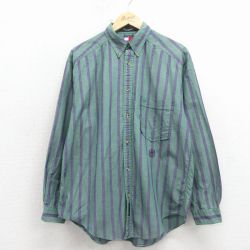L★古着 トミーヒルフィガー 長袖 ブランド シャツ メンズ 90年代 90s ワンポイントロゴ コットン ボタンダウン 緑 ストライプ 26apr03