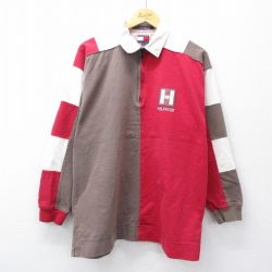L★古着 トミーヒルフィガー 長袖 ブランド ハーフジップ トップス メンズ 90年代 90s ワンポイントロゴ コットン 赤他 26apr08