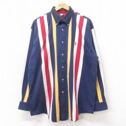 XL★古着 トミーヒルフィガー 長袖 ブランド シャツ メンズ 90年代 90s ワンポイントロゴ 大きいサイズ コットン ボタンダウン 紺他 ストライプ 26apr10