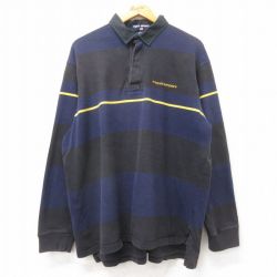 XL★古着 ラルフローレン ポロスポーツ 長袖 ブランド ラガー シャツ メンズ ワンポイントロゴ ヒジ当て 大きいサイズ コットン 黒他 ボーダー 26apr10