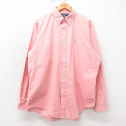 XL★古着 ラルフローレン 長袖 ブランド シャツ メンズ 90年代 90s ワンポイントロゴ 大きいサイズ ロング丈 コットン ボタンダウン ピンク 26apr10
