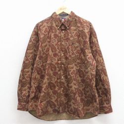 XL★古着 トミーヒルフィガー 長袖 ブランド シャツ メンズ 90年代 90s ワンポイントロゴ ペイズリー柄 大きいサイズ コットン ボタンダウン エンジ【spe】 26apr11