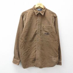 XL★古着 ラルフローレン 長袖 ブランド シャツ メンズ 90年代 90s ワンポイントロゴ 鳥 コーデュロイ コットン 茶 26apr14