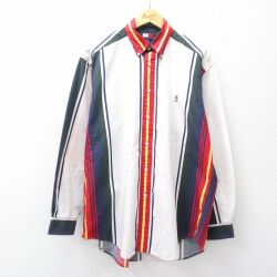 XL★古着 トミーヒルフィガー 長袖 ブランド シャツ メンズ 90年代 90s ワンポイントロゴ コットン ボタンダウン 白他 ストライプ 26apr14