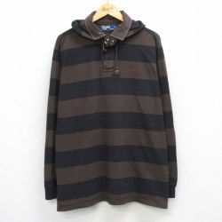 XL★古着 ラルフローレン 長袖 ブランド ラガー シャツ パーカー メンズ 90年代 90s ワンポイントロゴ 大きいサイズ コットン 茶他 ボーダー 26apr20