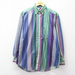 トミーヒルフィガー 90s 長袖シャツ ワンポイントロゴ グリーンストライプ XL | 古着