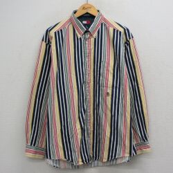 XL★古着 トミーヒルフィガー 長袖 ブランド シャツ メンズ 90年代 90s ワンポイントロゴ 大きいサイズ ボタンダウン 白他 ストライプ【spe】 26apr30