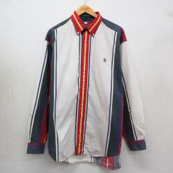 XL★古着 トミーヒルフィガー 長袖 ブランド シャツ メンズ 90年代 90s ワンポイントロゴ 大きいサイズ ロング丈 コットン ボタンダウン 白他 ストライプ 26apr30