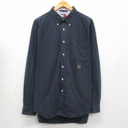 XL★古着 トミーヒルフィガー 長袖 ブランド シャツ メンズ 90年代 90s ワンポイントロゴ シアサッカー 大きいサイズ コットン ボタンダウン 濃紺他 チェック 26apr30