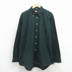 XL★古着 トミーヒルフィガー 長袖 ブランド シャツ メンズ 90年代 90s ワンポイントロゴ 大きいサイズ コットン ボタンダウン 緑 ストライプ 26apr30