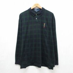 ラルフローレン 90s 長袖ポロシャツ ポロベア グリーンチェック メンズXL相当 | 古着
