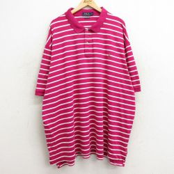 XL★古着 ラルフローレン Ralph Lauren 半袖 ブランド ポロ シャツ メンズ ワンポイントロゴ 大きいサイズ ロング丈 コットン 濃ピンク系他 ボーダー 24jun24 中古 トップス