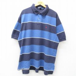 XL★古着 ラルフローレン Ralph Lauren 半袖 ブランド ポロ シャツ メンズ 90年代 90s ワンポイントロゴ 鹿の子 大きいサイズ コットン 紺他 ネイビー ボーダー 【spe】 25apr09 中古 トップス