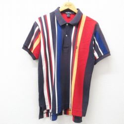 L★古着 ノーティカ NAUTICA 半袖 ブランド ポロ シャツ メンズ 90年代 90s ワンポイントロゴ 鹿の子 コットン 紺他 ネイビー ストライプ 25apr09 中古 トップス