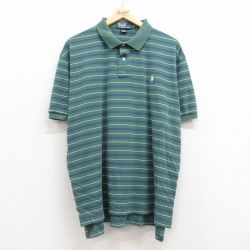 XL★古着 ラルフローレン Ralph Lauren 半袖 ブランド ポロ シャツ メンズ 90年代 90s ワンポイントロゴ 大きいサイズ コットン 緑他 グリーン ボーダー 25apr15 中古 トップス