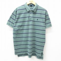 XL★古着 ラルフローレン Ralph Lauren 半袖 ブランド ポロ シャツ メンズ 90年代 90s ワンポイントロゴ コットン 緑系 グリーン ボーダー 25apr16 中古 トップス