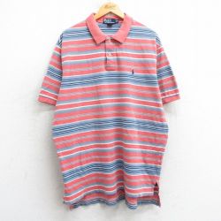 XL★古着 ラルフローレン Ralph Lauren 半袖 ブランド ポロ シャツ メンズ 90年代 90s ワンポイントロゴ 大きいサイズ 鹿の子 コットン ピンク系他 ボーダー 【spe】 25apr17 中古 トップス