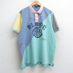 【50%OFF】XL★古着 ラルフローレン Ralph Lauren 半袖 ブランド ポロ シャツ メンズ ビッグロゴ クレイジーパターン マルチカラー 大きいサイズ 鹿の子 コットン 薄緑他 グリーン 【spe】 25apr17 中古 トップス