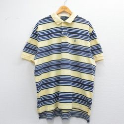 XL★古着 ラルフローレン Ralph Lauren 半袖 ブランド ポロ シャツ メンズ 90年代 90s ワンポイントロゴ 鹿の子 大きいサイズ コットン 黄色他 イエロー ボーダー 25apr26 中古 トップス