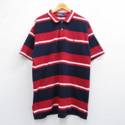 XL★古着 ラルフローレン Ralph Lauren 半袖 ブランド ポロ シャツ メンズ 90年代 90s ワンポイントロゴ 鹿の子 大きいサイズ コットン 赤他 レッド ボーダー 25apr26 中古 トップス