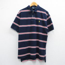 XL★古着 ラルフローレン Ralph Lauren 半袖 ブランド ポロ シャツ メンズ 90年代 90s ワンポイントロゴ 鹿の子 コットン 紺他 ネイビー ボーダー 25apr26 中古 トップス
