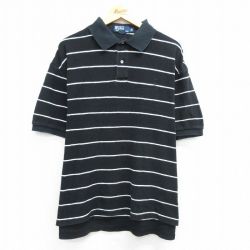 XL★古着 ラルフローレン Ralph Lauren 半袖 ブランド ポロ シャツ メンズ 90年代 90s ワンポイントロゴ 大きいサイズ コットン 黒他 ブラック ボーダー 25apr28 中古 トップス