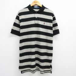 XL★古着 ラルフローレン Ralph Lauren 半袖 ブランド ポロ シャツ メンズ 90年代 90s ワンポイントロゴ ロング丈 黒他 ブラック ボーダー 25apr28 中古 トップス