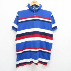 XL★古着 ラルフローレン Ralph Lauren 半袖 ブランド ポロ シャツ メンズ 90年代 90s ワンポイントロゴ 大きいサイズ コットン USA製 青他 ブルー ボーダー 【spe】 25apr28 中古 トップス