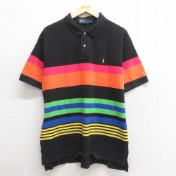 XL★古着 ラルフローレン Ralph Lauren 半袖 ブランド ポロ シャツ メンズ ワンポイントロゴ 鹿の子 大きいサイズ マルチカラー コットン 黒他 ブラック ストライプ 【spe】 25may27 中古 トップス