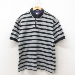 【20%OFF】XL★古着 トミーヒルフィガー TOMMY HILFIGER 半袖 ブランド ポロ シャツ メンズ 90年代 90s ワンポイントロゴ 鹿の子 コットン グレー ボーダー 25jun04 中古 トップス