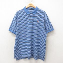 XL★古着 ラルフローレン Ralph Lauren 半袖 ブランド ポロ シャツ メンズ 90年代 90s ワンポイントロゴ 鹿の子 大きいサイズ コットン 薄紺 ネイビー ボーダー 25jun04 中古 トップス