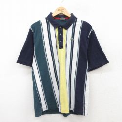 L★古着 ラコステ LACOSTE 半袖 ブランド ポロ シャツ メンズ ワンポイントロゴ 鹿の子 コットン 紺他 ネイビー ストライプ 25jun17 中古 トップス