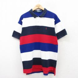 XL★古着 ラルフローレン Ralph Lauren 半袖 ブランド ポロ シャツ メンズ 90年代 90s ワンポイントロゴ 鹿の子 コットン 赤他 レッド ボーダー 25jun17 中古 トップス