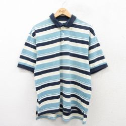 【50%OFF】XL★古着 ナイキ NIKE 半袖 ブランド ポロ シャツ メンズ 00年代 00s ゴルフ ワンポイントロゴ 鹿の子 コットン 水色他 ボーダー 25jun17 中古 トップス