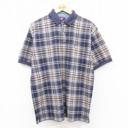 【50%OFF】L★古着 トミーヒルフィガー TOMMY HILFIGER 半袖 ブランド ポロ シャツ メンズ 90年代 90s ワンポイントロゴ 紺他 ネイビー チェック 25jun17 中古 トップス
