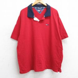 XL★古着 トミーヒルフィガー TOMMY HILFIGER トミージーンズ 半袖 ブランド ポロ シャツ メンズ 90年代 90s ワンポイントロゴ 大きいサイズ コットン 開襟 オープンカラー 赤他 レッド 25jun18 中古 トップス