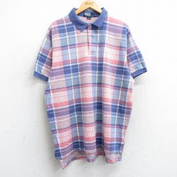 XL★古着 ラルフローレン Ralph Lauren 半袖 ブランド ポロ シャツ メンズ 90年代 90s ワンポイントロゴ 大きいサイズ コットン USA製 薄紺他 ネイビー チェック 【spe】 25jun18 中古 トップス