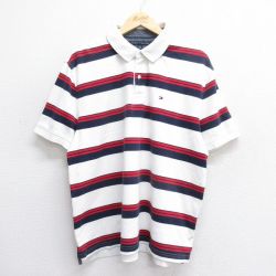 XL★古着 トミーヒルフィガー TOMMY HILFIGER 半袖 ブランド ポロ シャツ メンズ ワンポイントロゴ 大きいサイズ コットン 白他 ホワイト ボーダー 25jun19 中古 トップス