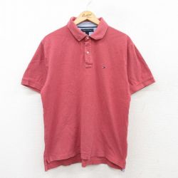 XL★古着 トミーヒルフィガー TOMMY HILFIGER 半袖 ブランド ポロ シャツ メンズ ワンポイントロゴ 鹿の子 コットン 赤系 レッド 25jun26 中古 トップス