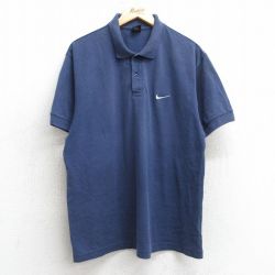 XL★古着 ナイキ NIKE 半袖 ブランド ポロ シャツ メンズ ワンポイントロゴ 鹿の子 紺 ネイビー 25jul08 中古 トップス